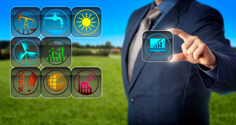 Blue chip accountant engaged in sustainability reporting via virtual planning matrix. Concept for sustainable development, social accounting, corporate social responsibility and sustainable future.